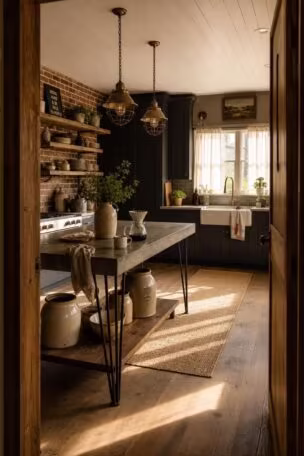 Full view of an industrial farmhouse kitchen with reclaimed wood shelving, concrete island, brass pendants, and charcoal shaker cabinets bathed in warm afternoon light