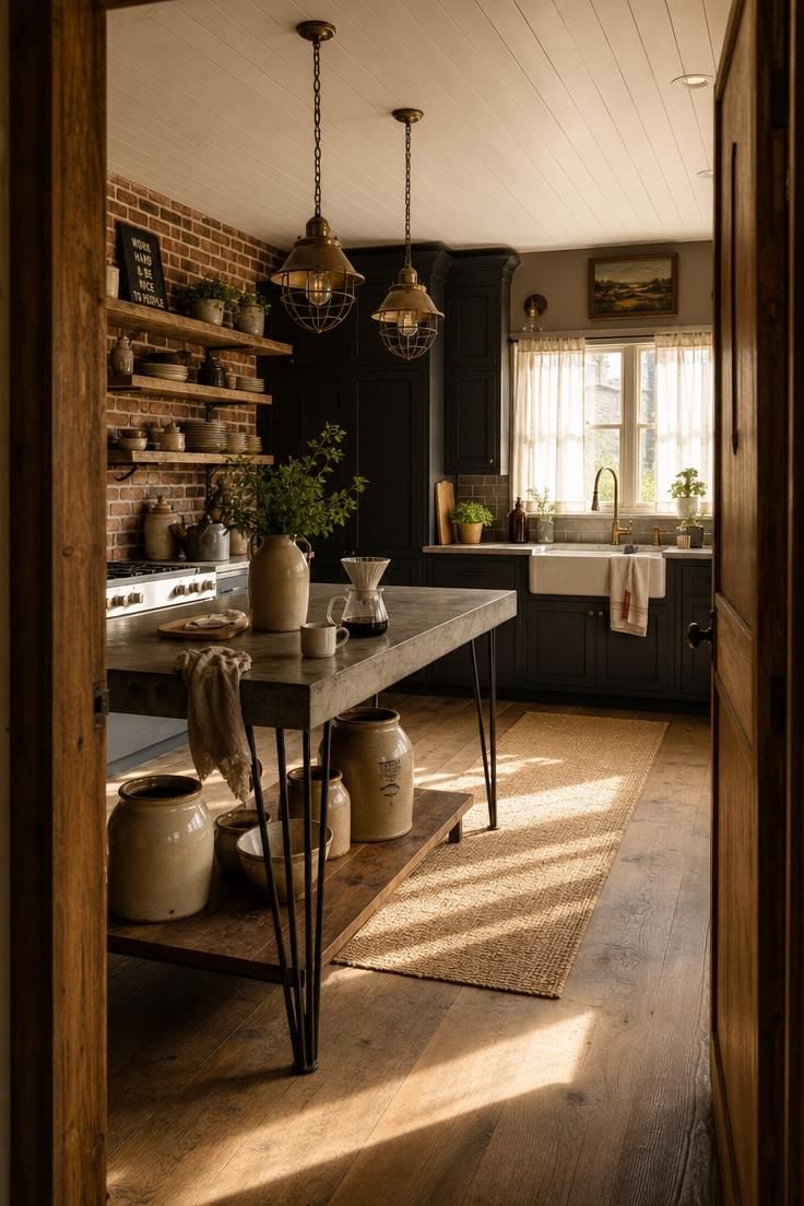 Simple Spaces 21 Full view of an industrial farmhouse kitchen with reclaimed wood shelving, concrete island, brass pendants, and charcoal shaker cabinets bathed in warm afternoon light