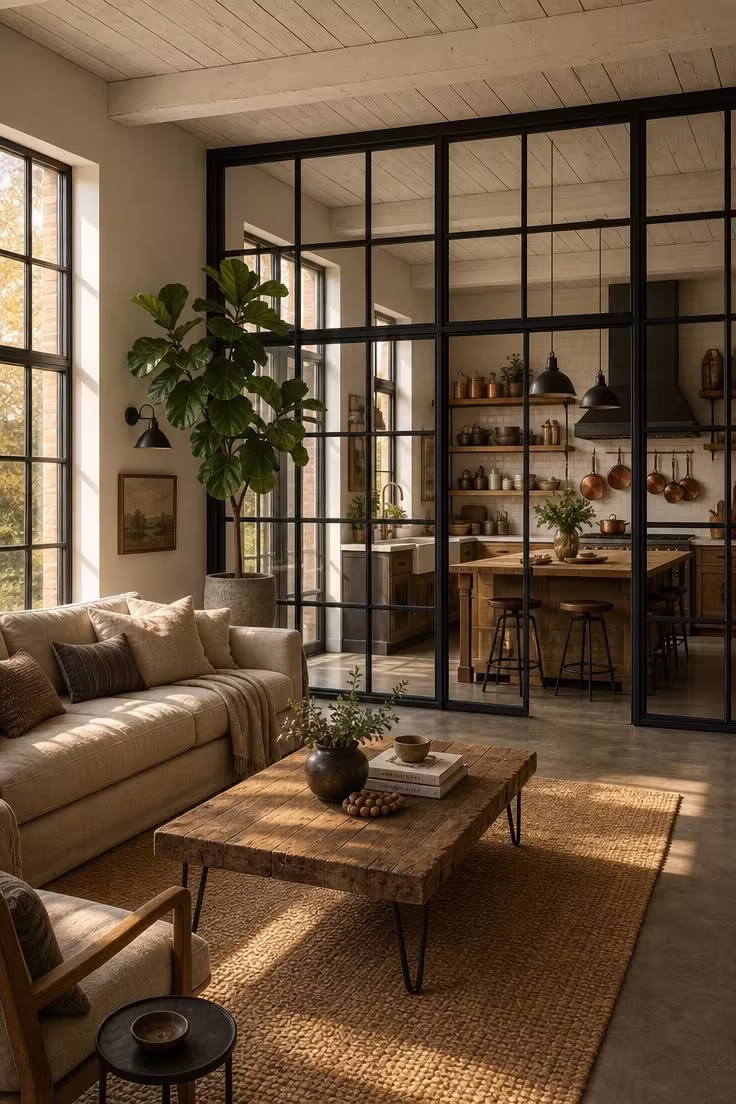 11 Charming Industrial Farmhouse Living Room Ideas to Steal 1 Steel-framed glass partition dividing an industrial farmhouse living room from the kitchen with warm afternoon light.
