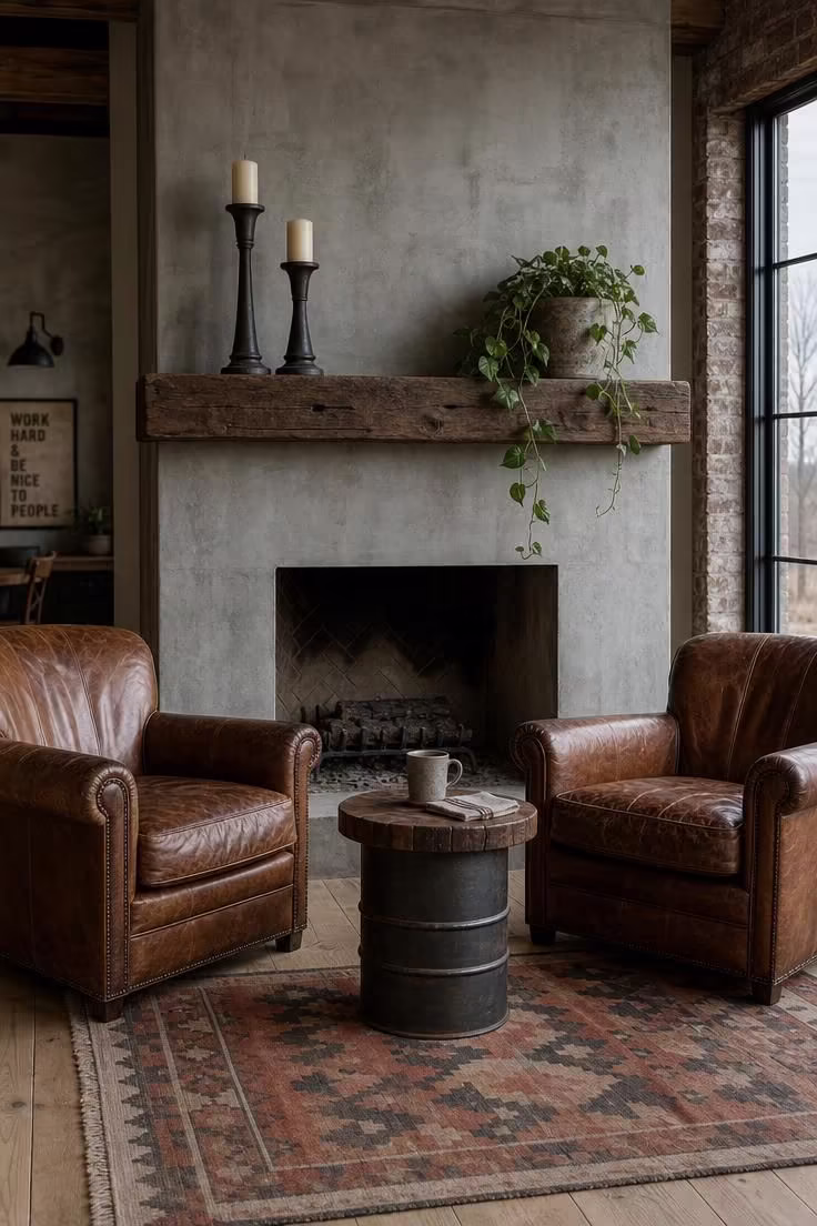 11 Charming Industrial Farmhouse Living Room Ideas to Steal 2 Two cognac leather club chairs flanking a concrete fireplace surround in a cool overcast industrial farmhouse living room.