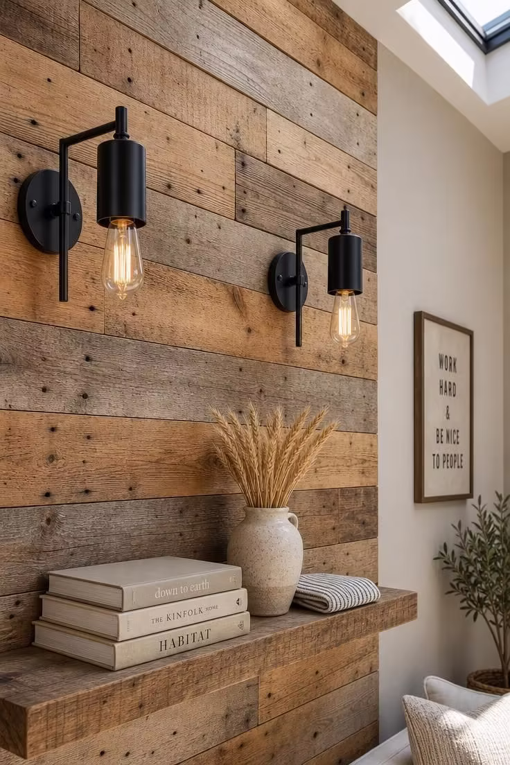 11 Charming Industrial Farmhouse Living Room Ideas to Steal 3 Close-up of a reclaimed wood accent wall with matte black sconce brackets and rustic floating shelves in bright midday light.