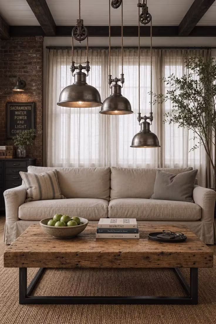 11 Charming Industrial Farmhouse Living Room Ideas to Steal 4 Pulley pendant cluster hanging at staggered heights over a salvaged timber coffee table in soft diffused light.