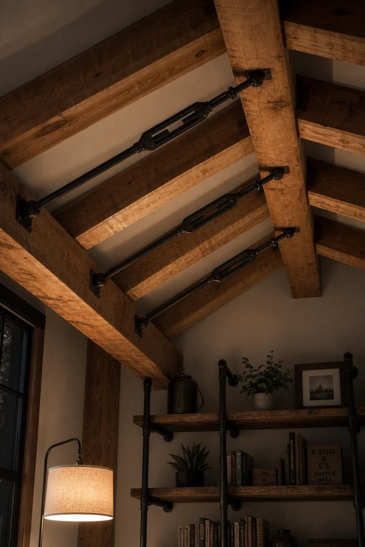 11 Charming Industrial Farmhouse Living Room Ideas to Steal 5 Exposed timber ceiling joists with iron turnbuckle supports photographed from below in moody low evening light.