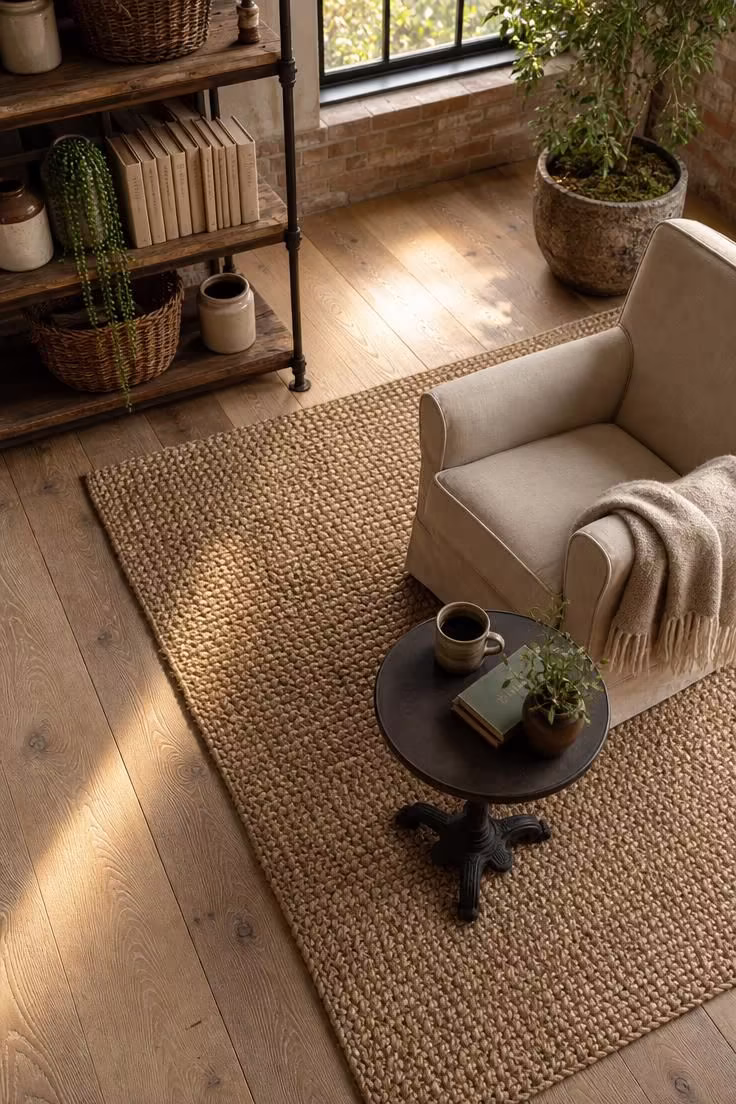 11 Charming Industrial Farmhouse Living Room Ideas to Steal 6 Overhead view of a jute rug layered over wide-plank oak flooring beneath iron pipe shelving in warm golden light.