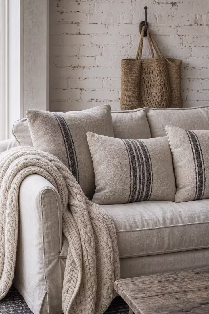 11 Charming Industrial Farmhouse Living Room Ideas to Steal 7 Close-up of grain sack cushions and a cable-knit throw on a linen slipcover sofa against a whitewashed brick wall.