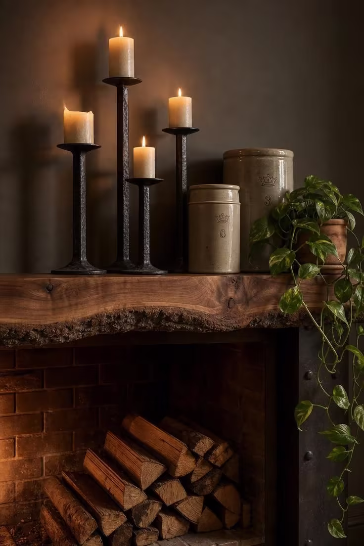 11 Charming Industrial Farmhouse Living Room Ideas to Steal 8 Wrought iron pillar holders on a raw-edge walnut mantel shelf with stoneware crocks and trailing pothos in moody low light.