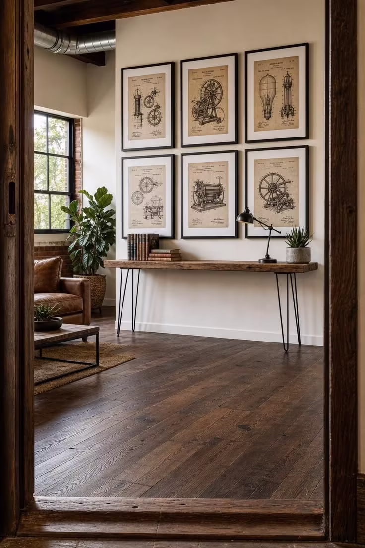 11 Charming Industrial Farmhouse Living Room Ideas to Steal 9 Gallery wall of vintage patent prints in matte black frames above an iron console table seen from a doorway in bright midday light.