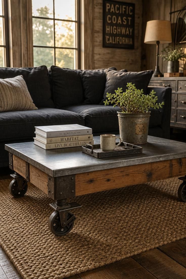 11 Charming Industrial Farmhouse Living Room Ideas to Steal 11 Industrial coffee table with caster wheels and zinc top styled with books and stoneware in warm golden afternoon light.