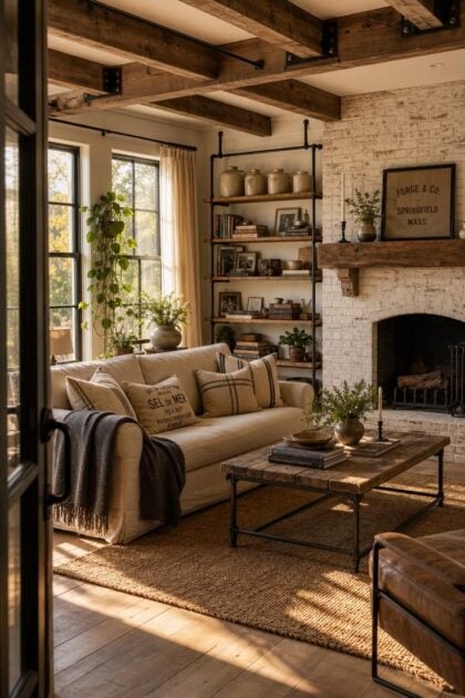11 Charming Industrial Farmhouse Living Room Ideas to Steal A complete industrial farmhouse living room with linen sofa, reclaimed wood, iron accents, and warm golden hour light through tall windows.