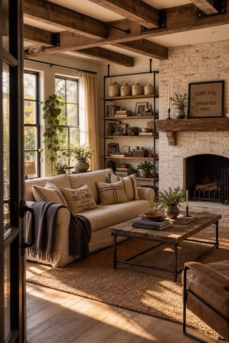 Simple Spaces 23 A complete industrial farmhouse living room with linen sofa, reclaimed wood, iron accents, and warm golden hour light through tall windows.