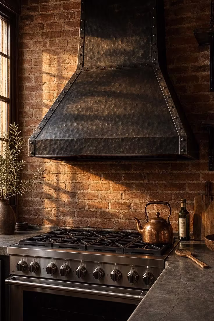 15 Bold Industrial Kitchen Ideas That Feel Lived In 1 Blackened steel range hood with riveted seams above a professional cooktop in a warm industrial kitchen