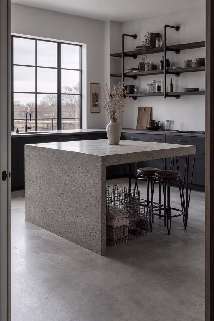 15 Bold Industrial Kitchen Ideas That Feel Lived In 2 Concrete waterfall kitchen island with hairpin legs and wire baskets in a cool-lit industrial kitchen