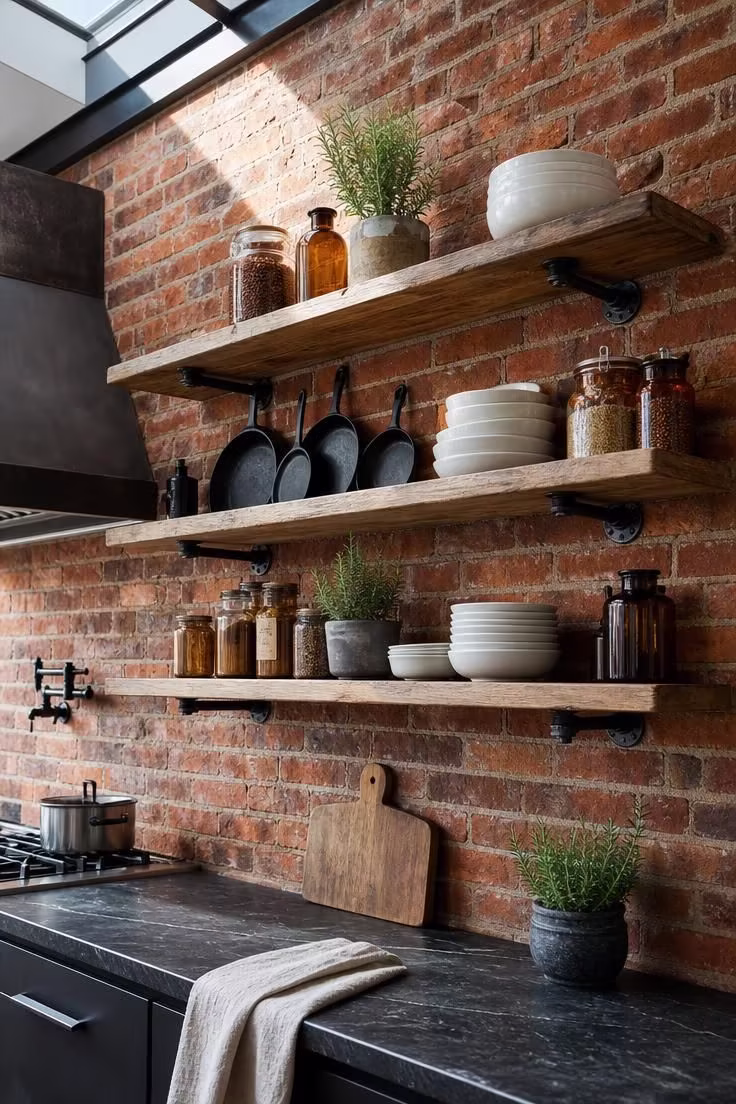 15 Bold Industrial Kitchen Ideas That Feel Lived In 3 Raw red brick wall with floating pipe-mounted shelves holding stoneware and cast iron in a bright industrial kitchen