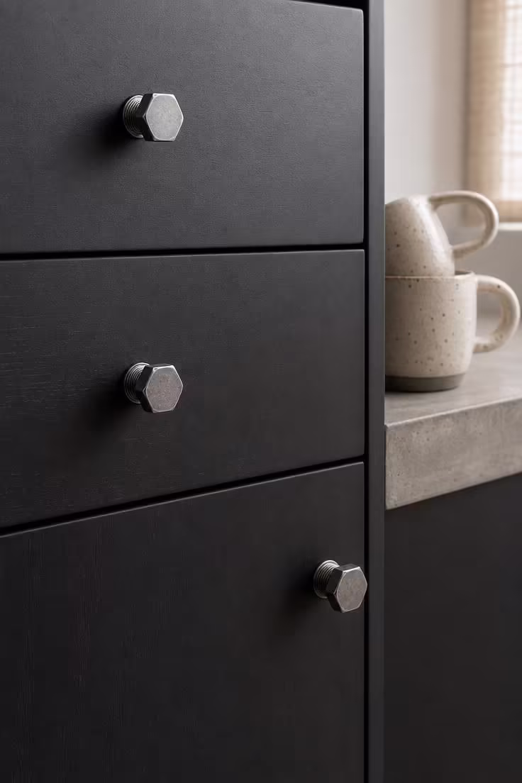 15 Bold Industrial Kitchen Ideas That Feel Lived In 4 Close-up of matte black kitchen cabinet with exposed bolt-head drawer pull in soft diffused light