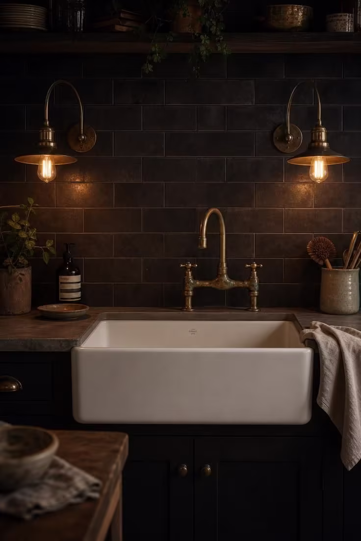 15 Bold Industrial Kitchen Ideas That Feel Lived In 5 Aged brass gooseneck sconces flanking a fireclay apron sink in a moody industrial kitchen