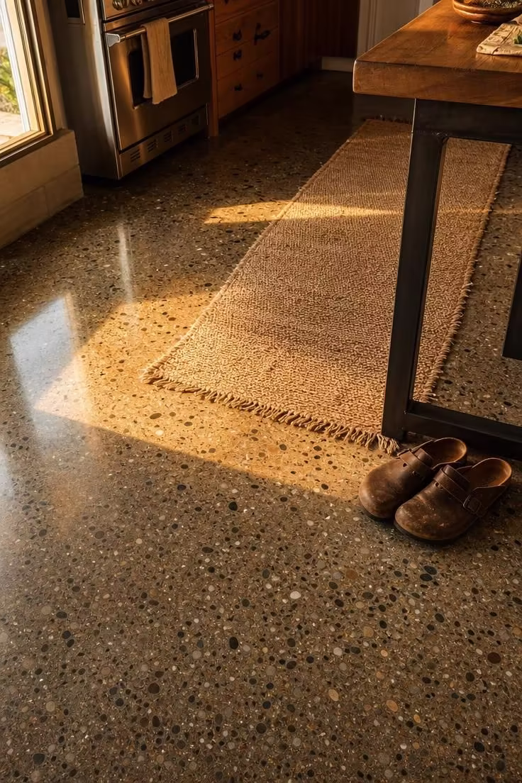 15 Bold Industrial Kitchen Ideas That Feel Lived In 6 Polished concrete floor with exposed aggregate and a jute runner in a warm-lit industrial kitchen