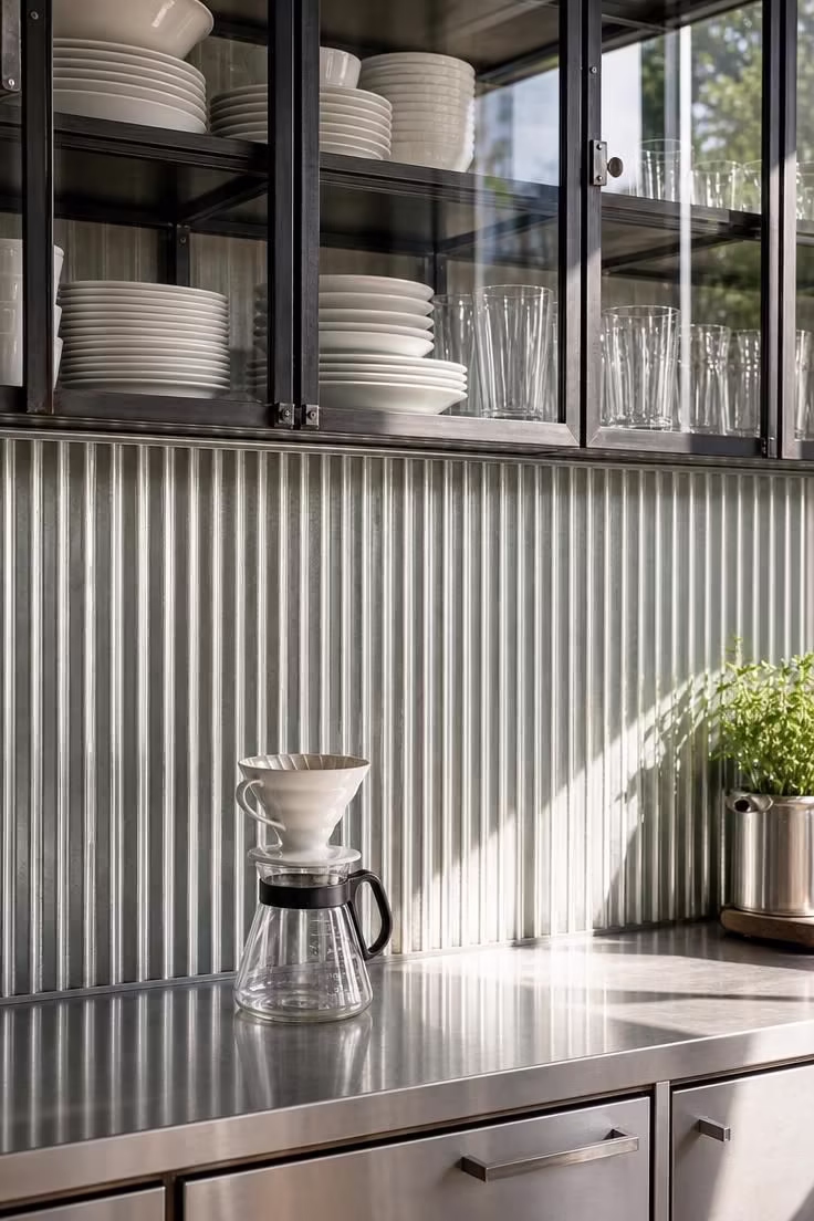 15 Bold Industrial Kitchen Ideas That Feel Lived In 7 Corrugated metal backsplash with steel-frame glass cabinets and stainless steel countertop in a bright industrial kitchen