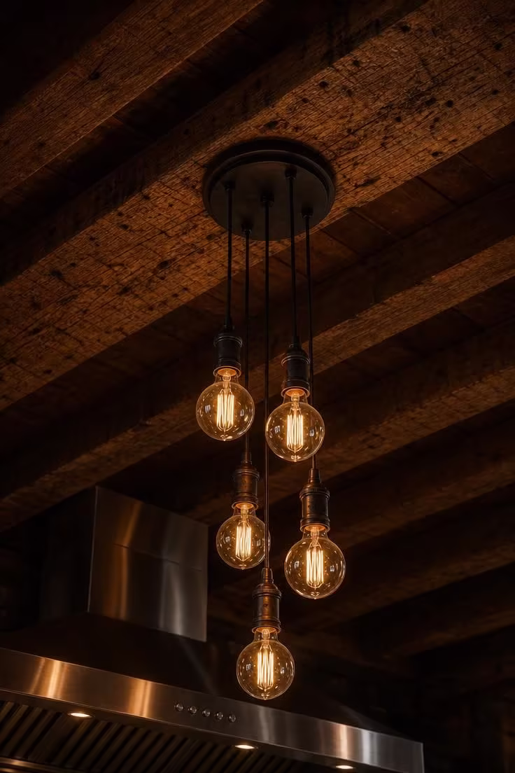 15 Bold Industrial Kitchen Ideas That Feel Lived In 8 Reclaimed oak beam ceiling with hanging Edison bulb cluster glowing warmly in a moody industrial kitchen