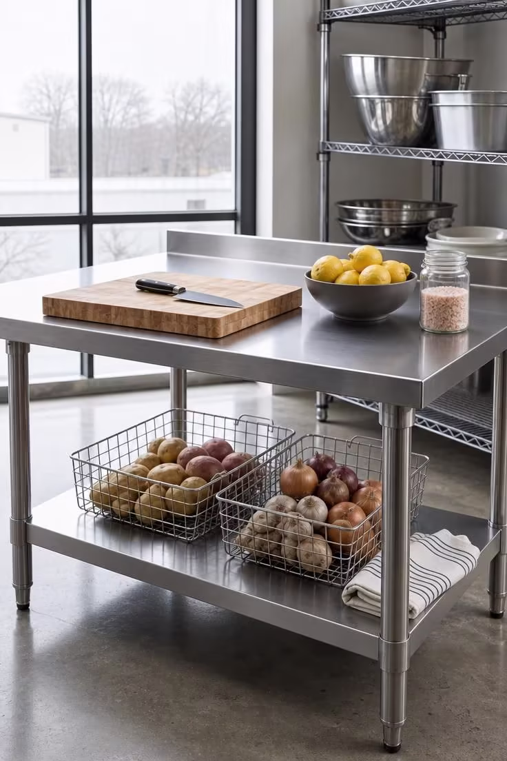15 Bold Industrial Kitchen Ideas That Feel Lived In 9 Freestanding stainless steel prep table with wire baskets and cutting board in a cool-lit industrial kitchen