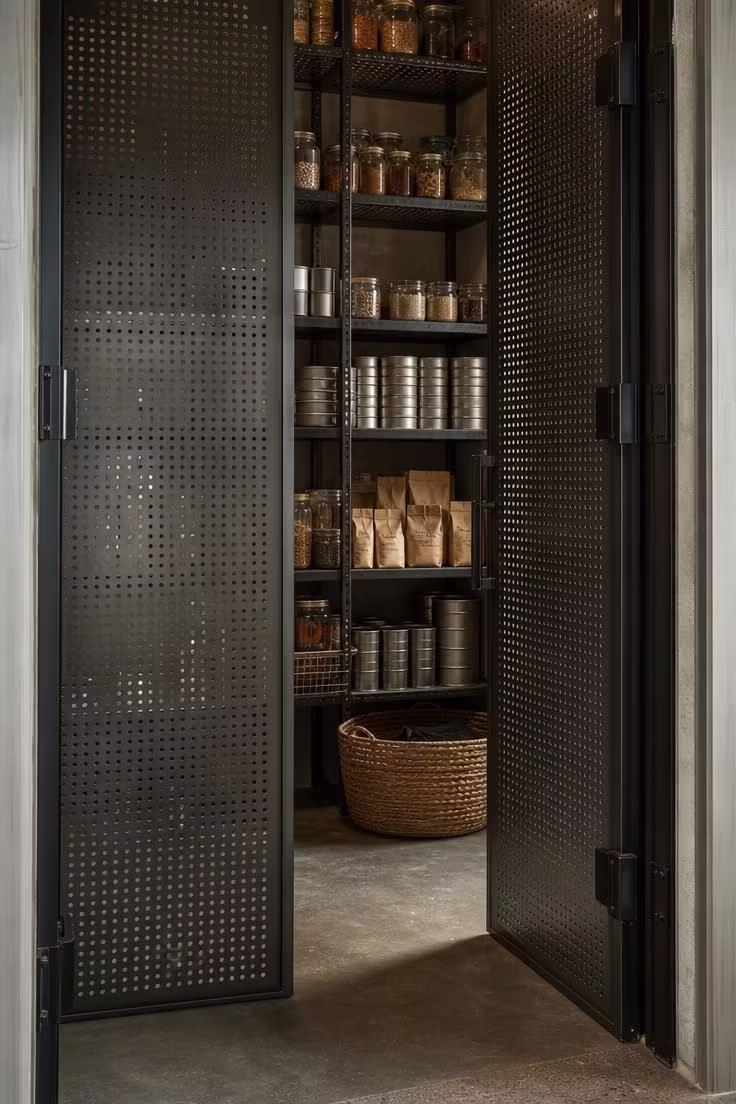 15 Bold Industrial Kitchen Ideas That Feel Lived In 10 Perforated steel pantry doors partially open showing organized shelves in a softly lit industrial kitchen