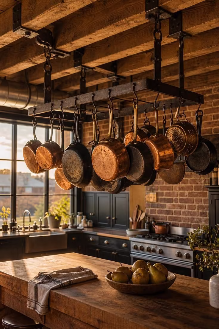 15 Bold Industrial Kitchen Ideas That Feel Lived In 11 Cast iron pot rack with copper pots and skillets hanging from exposed ceiling joists in a warm industrial kitchen
