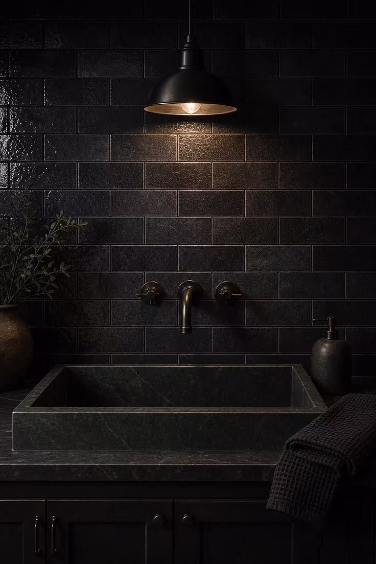 15 Bold Industrial Kitchen Ideas That Feel Lived In 13 Charcoal glazed subway tile with soapstone basin sink under moody pendant light in an industrial kitchen