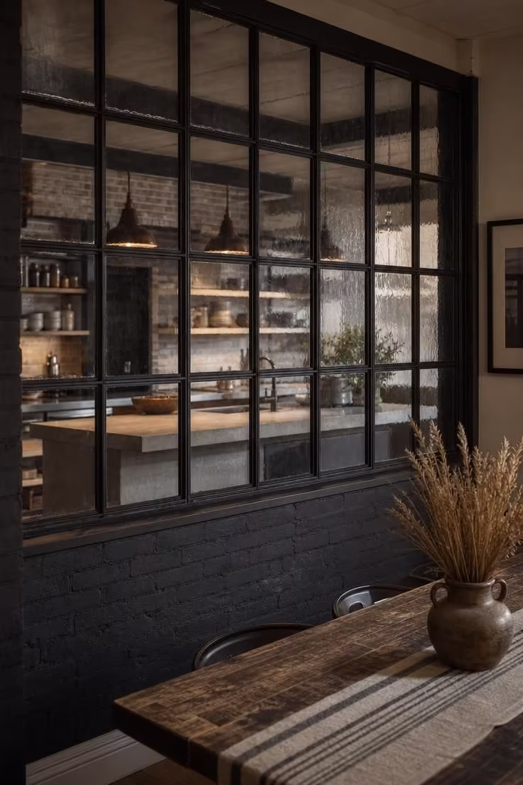 15 Bold Industrial Kitchen Ideas That Feel Lived In 14 Black steel factory window partition with wavy glass separating industrial kitchen from dining area
