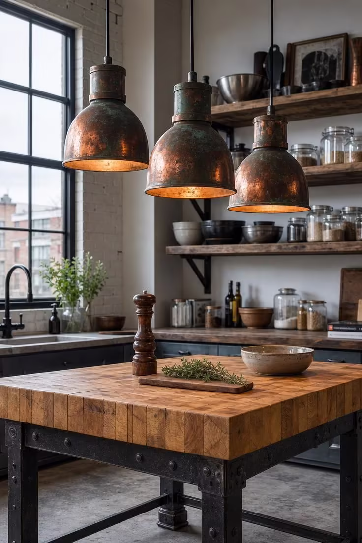 15 Bold Industrial Kitchen Ideas That Feel Lived In 15 Three copper pendants with green-brown patina over a butcher block island with iron legs in an industrial kitchen