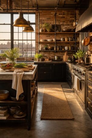 Wide view of a warm industrial kitchen with concrete island, brick walls, brass pendants, and polished concrete floors at golden hour
