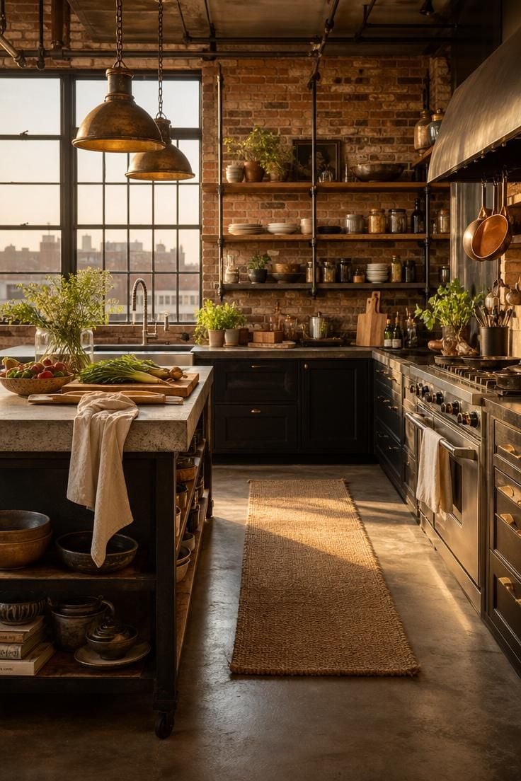 Simple Spaces 14 Wide view of a warm industrial kitchen with concrete island, brick walls, brass pendants, and polished concrete floors at golden hour
