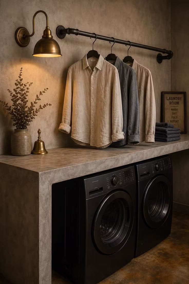 Blackened steel pipe clothing rail mounted above a poured concrete folding counter in a warm industrial laundry room with golden sconce light