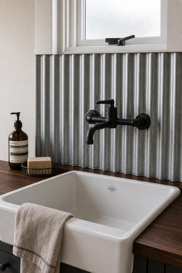 Close-up of a corrugated galvanized steel backsplash behind a white utility sink with a matte black wall-mount faucet