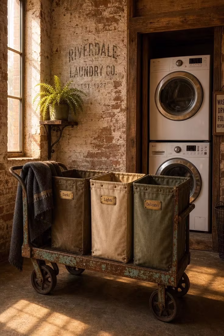 Vintage riveted steel factory cart with canvas sorting bags beside stacked laundry machines in a warm industrial laundry room