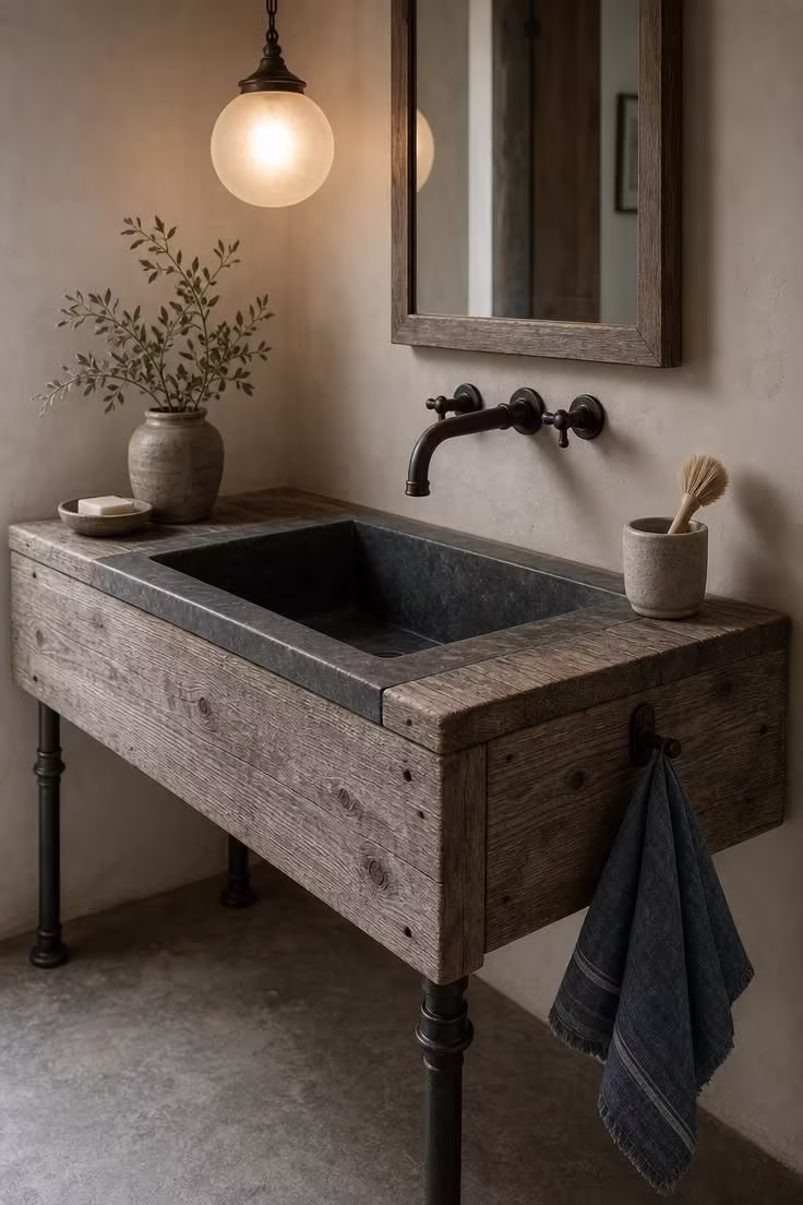 Soapstone sink basin set into a reclaimed hemlock wood vanity on iron pipe legs with soft diffused pendant light