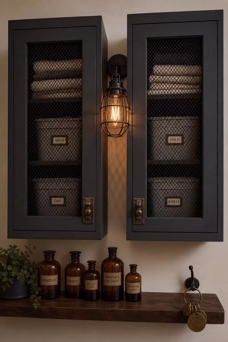 Charcoal Shaker cabinets with woven steel mesh doors revealing folded linens and metal storage bins in moody low light