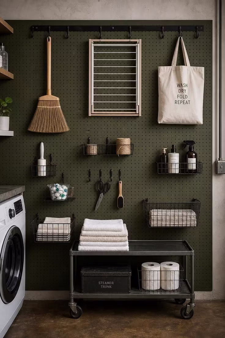 Deep olive green pegboard tool wall with iron hook rail holding laundry supplies in bright midday light