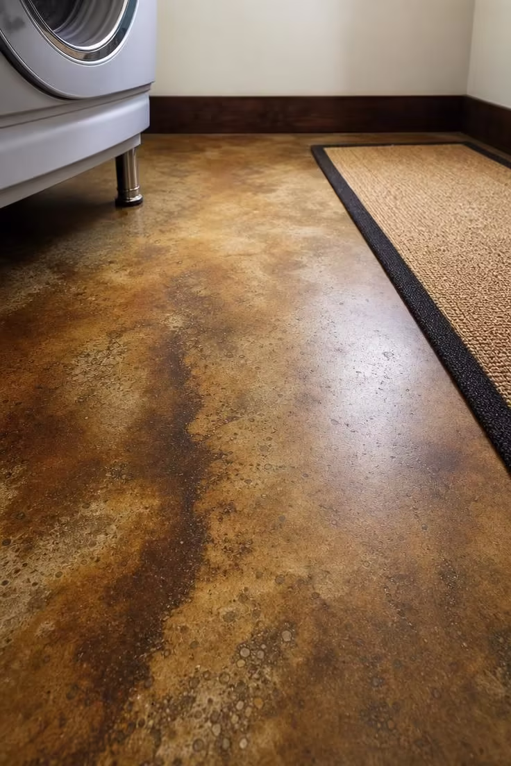 Low-angle close-up of acid-stained concrete floor in mottled amber and umber tones with soft diffused light