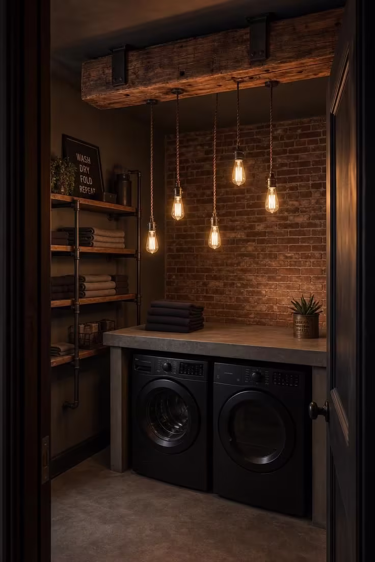 Reclaimed Douglas fir timber beam with staggered Edison bulb pendants glowing in moody low light over a concrete folding station