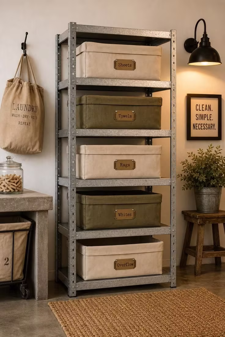 Five-tier galvanized steel shelving unit with labeled canvas bins in warm golden sconce light in an industrial laundry room