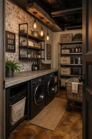 Inviting industrial laundry room with concrete countertop, pipe shelving, Edison beam pendants, vintage factory cart, and galvanized shelving in warm amber light