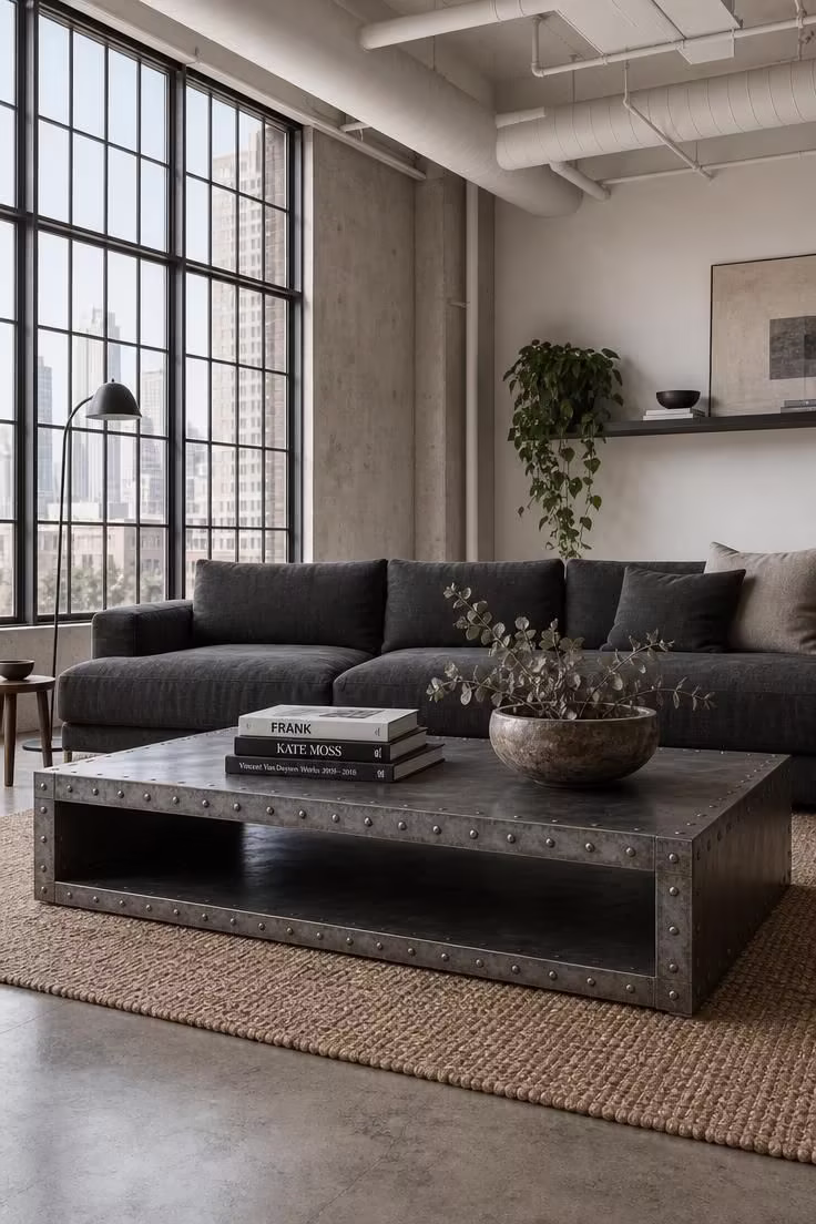 17 Striking Industrial Living Room Ideas With Raw Charm 1 Riveted steel coffee table on a polished concrete floor in a bright industrial living room with large factory windows.