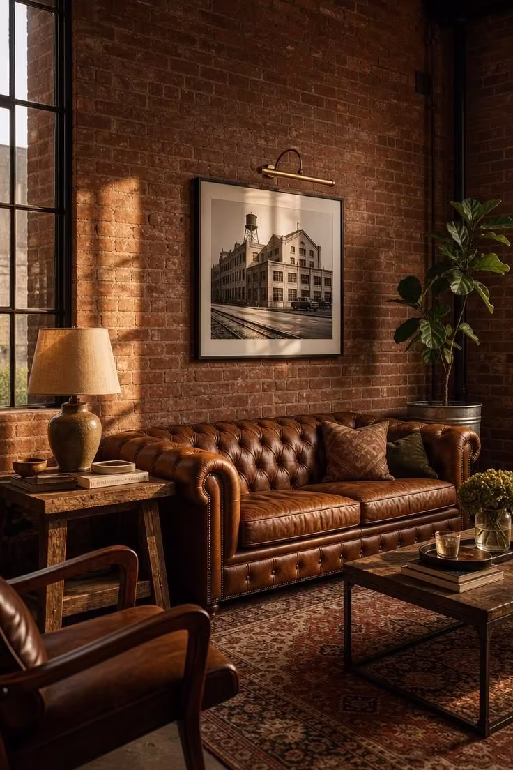 17 Striking Industrial Living Room Ideas With Raw Charm 2 Cognac leather Chesterfield sofa against an exposed red brick wall in a warm industrial living room with golden hour light.