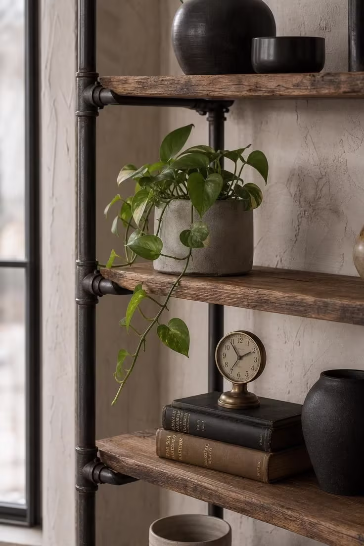 17 Striking Industrial Living Room Ideas With Raw Charm 3 Close-up of blackened iron pipe shelving with salvaged oak planks displaying pottery and plants in an industrial living room.