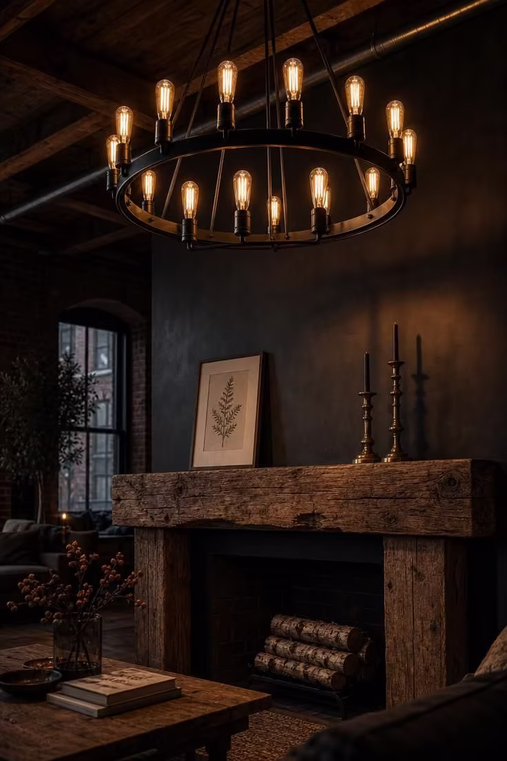 17 Striking Industrial Living Room Ideas With Raw Charm 4 Edison bulb chandelier hanging above a reclaimed timber beam mantel in a moody industrial living room with amber light.