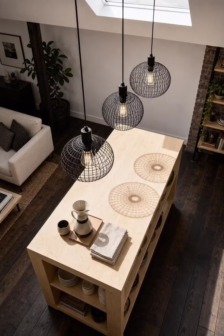 17 Striking Industrial Living Room Ideas With Raw Charm 5 Overhead view of three wire-cage pendant lamps hanging above a raw maple island console in a bright industrial living room.