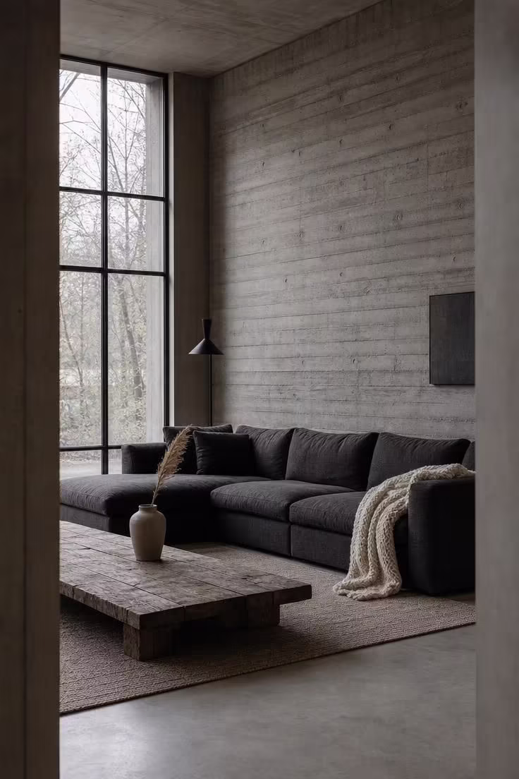17 Striking Industrial Living Room Ideas With Raw Charm 6 Charcoal linen sectional against a board-formed concrete wall in an industrial living room with cool overcast morning light.