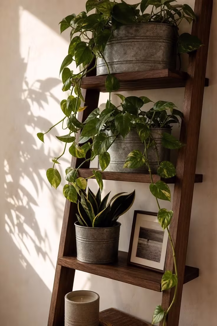 17 Striking Industrial Living Room Ideas With Raw Charm 7 Close-up of galvanized metal planters with trailing pothos on a walnut ladder shelf in warm golden afternoon light.