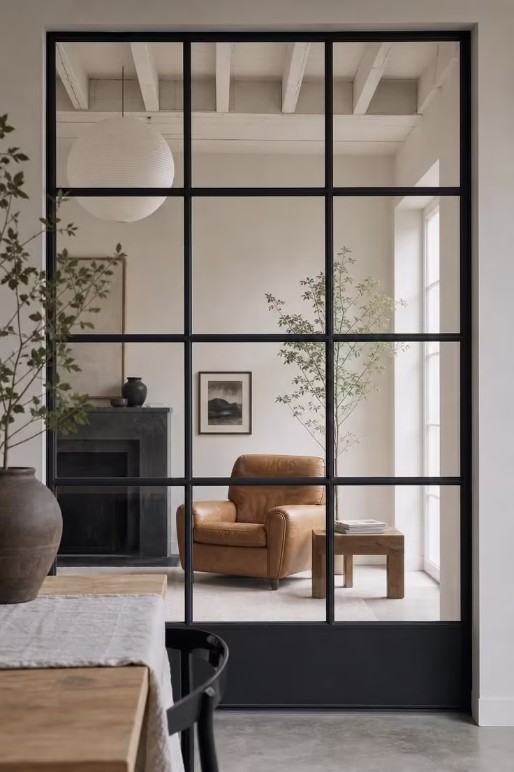 17 Striking Industrial Living Room Ideas With Raw Charm 8 Interior factory-style glass partition with matte black frames separating two rooms in an industrial living space with soft diffused light.