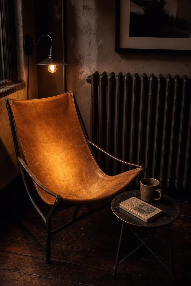 17 Striking Industrial Living Room Ideas With Raw Charm 9 Distressed butterscotch leather sling chair beside a vintage cast iron radiator in a moody industrial living room corner.