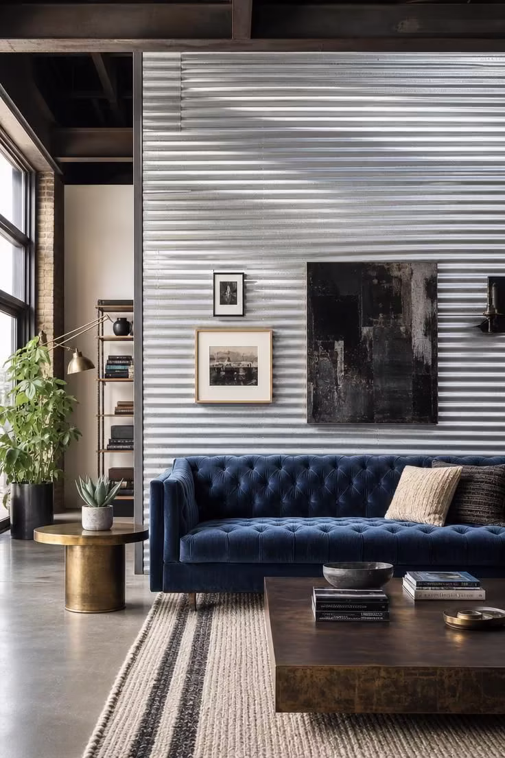 17 Striking Industrial Living Room Ideas With Raw Charm 10 Tufted slate blue velvet sofa against a corrugated galvanized metal accent wall in a bright industrial living room.
